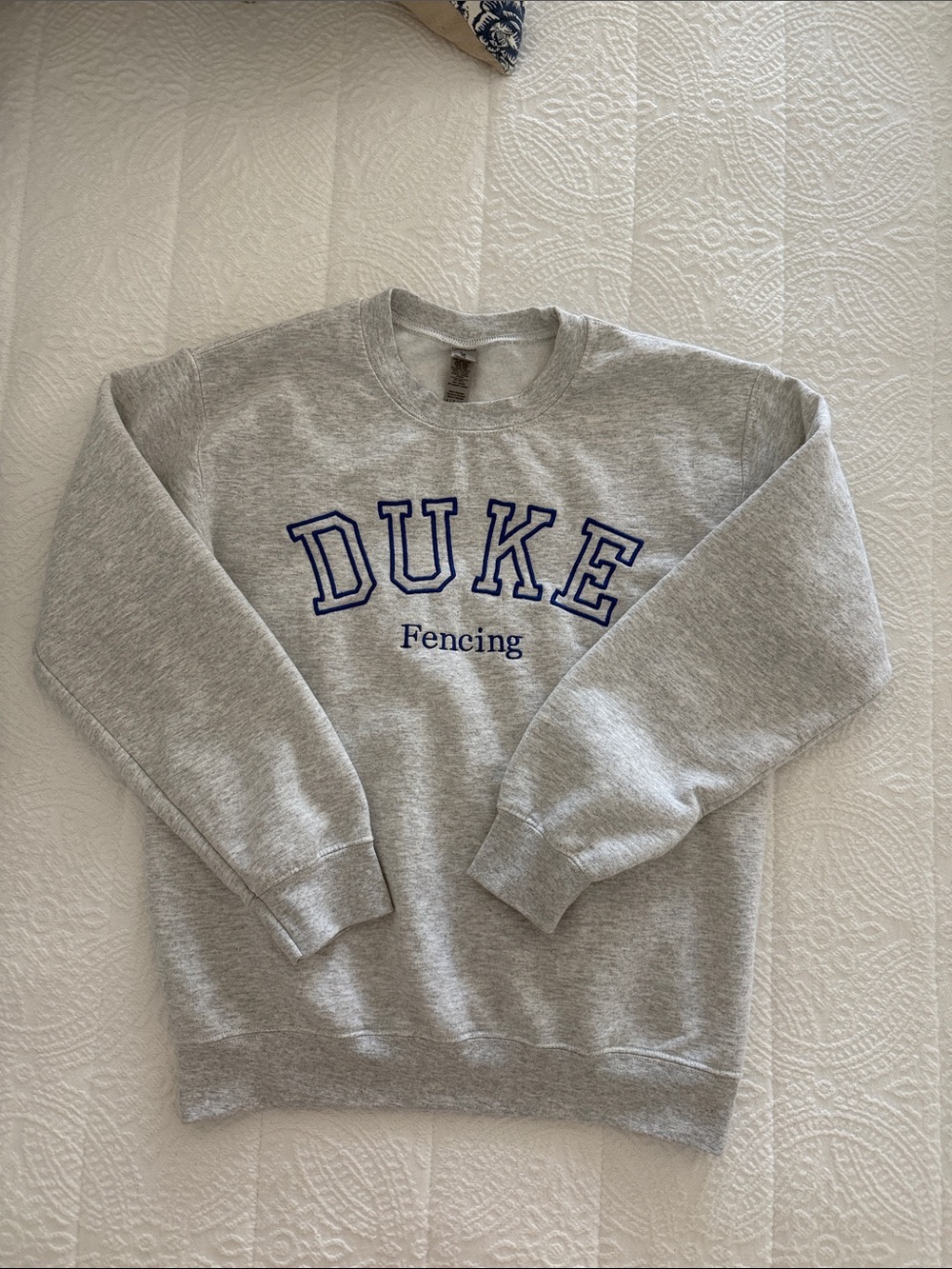 Gildan Gray 'Duke Fencing' Crewneck Sweatshirt with Blue Lettering